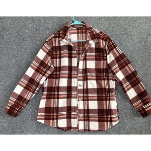 Eddie Bauer Women Button Jacket Shacket Brown/Rust Plaid Fleece Pockets-MEDIUM